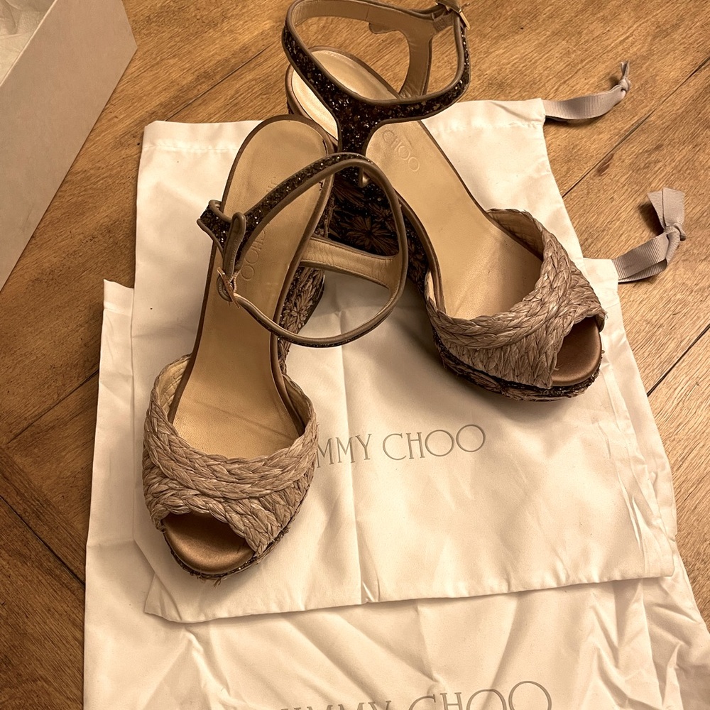 Authentic Jimmy Choo glitter wedges, light mocha color, heel Hight 5 in